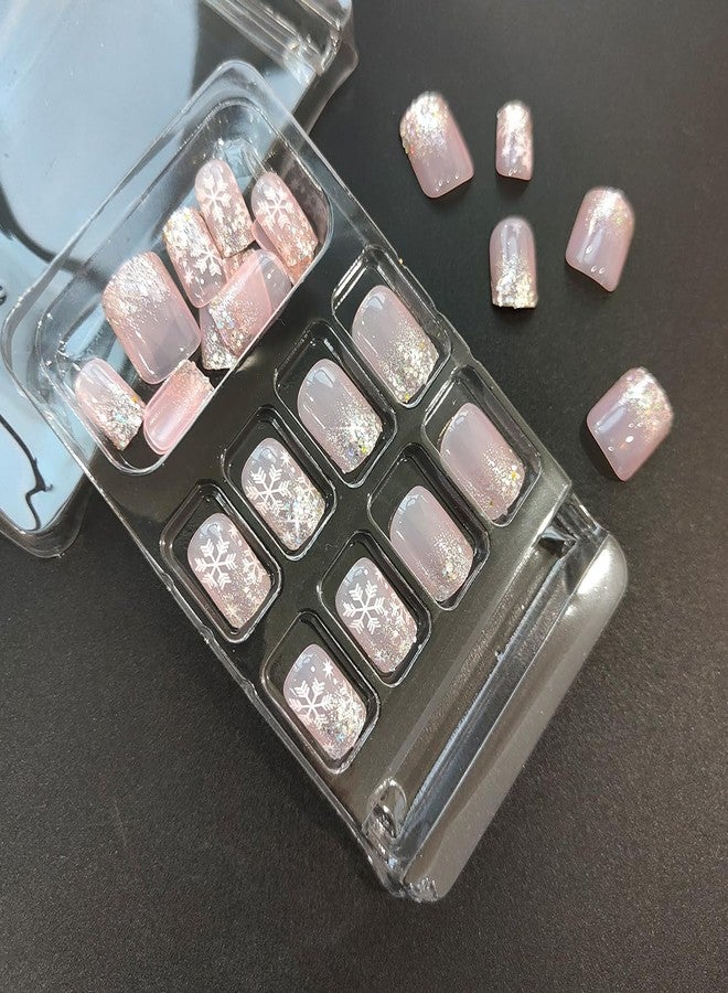 OSTTMA 24Pcs Christmas Snowflake Press on Nails Short Square Fake Nails Winter False Nails with Snowflakes Designs Sparkly Xmas Acrylic Nail Full Cover Glue on Nails for Women Christmas Nail Art Decoration - Image 2